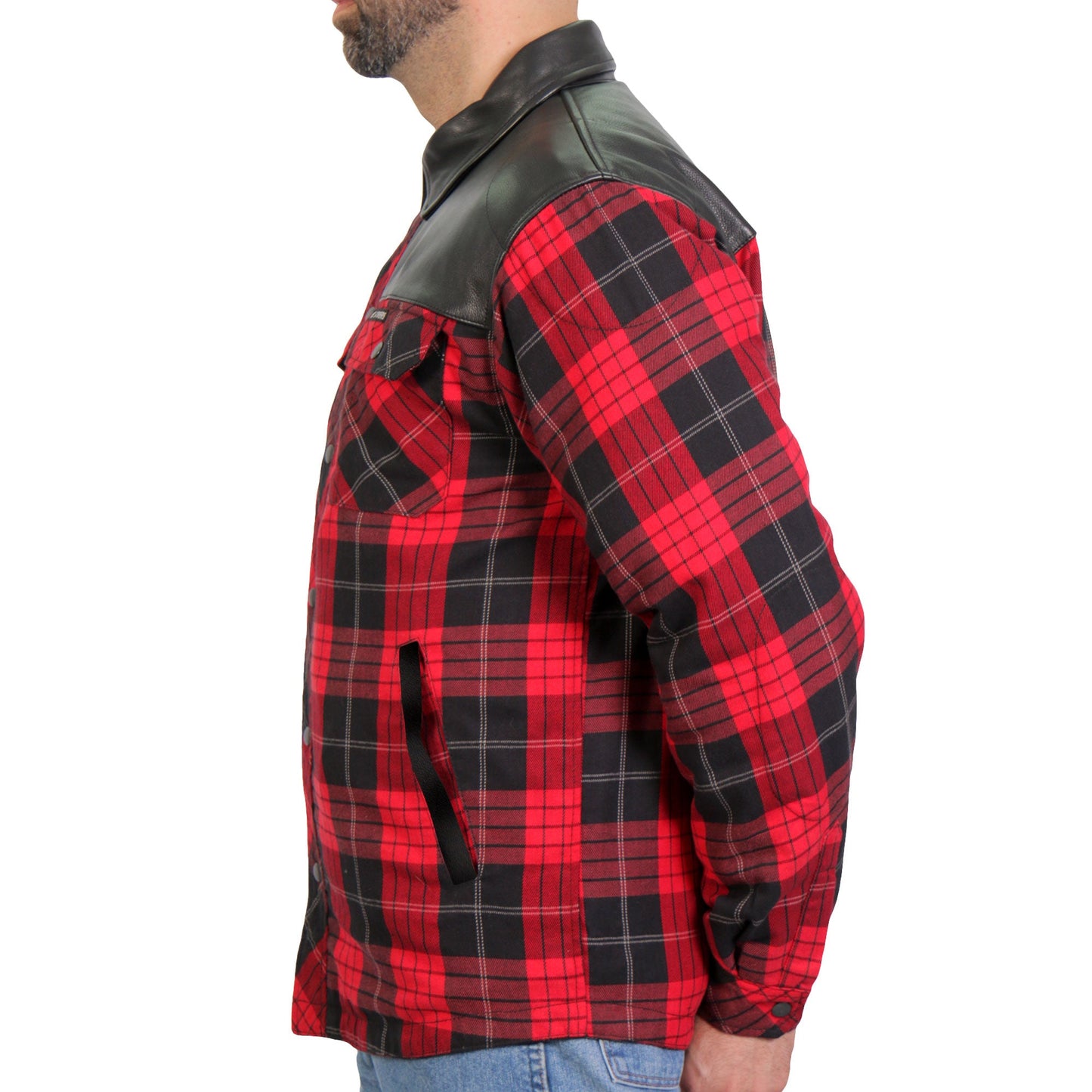 Hot Leathers JKM3201 Men's Motorcycle style Red and Black Kevlar Reinforced Leather and Plaid Flannel Biker Shirt