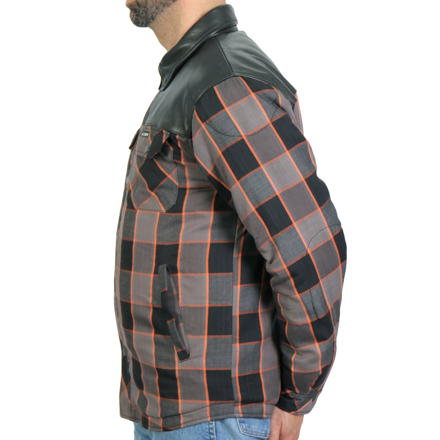 Hot Leathers JKM3202 Men's Motorcycle style Grey Black and Orange Kevlar Reinforced Leather and Plaid Flannel Biker Shirt