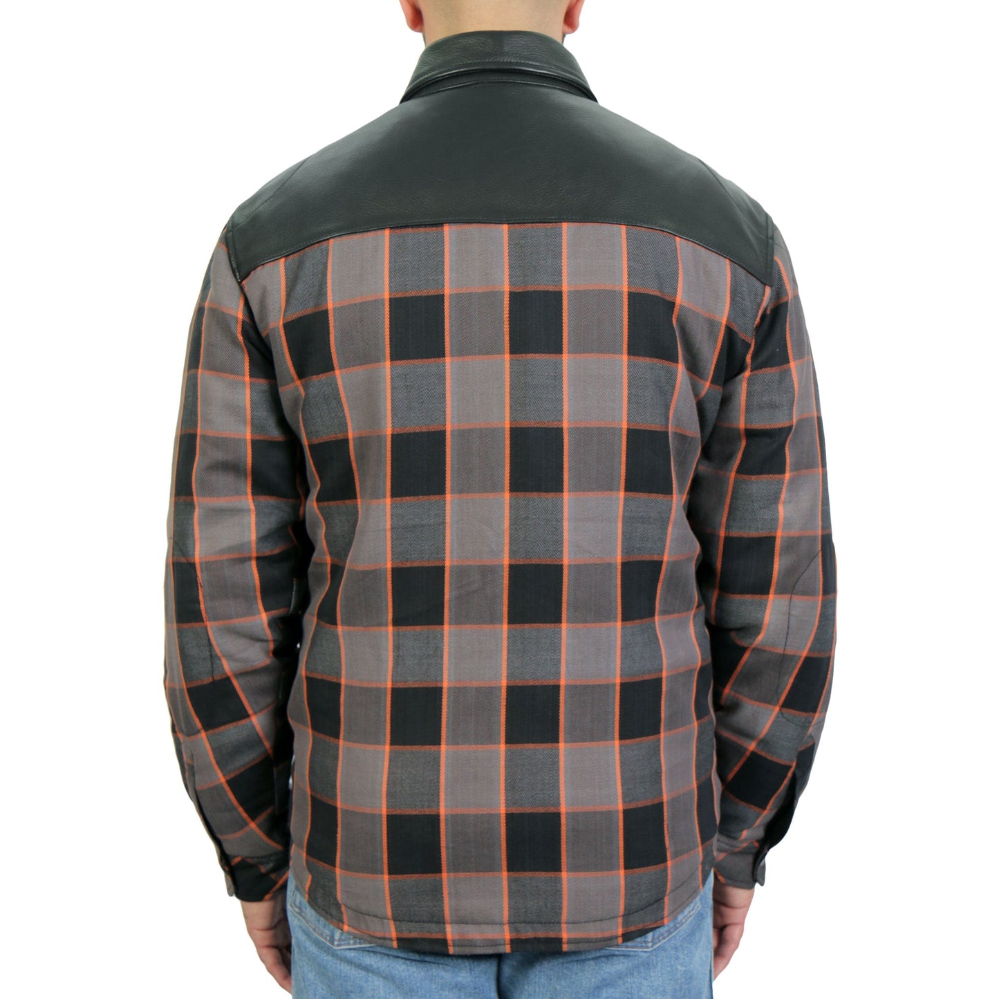 Hot Leathers JKM3202 Men's Motorcycle style Grey Black and Orange Kevlar Reinforced Leather and Plaid Flannel Biker Shirt