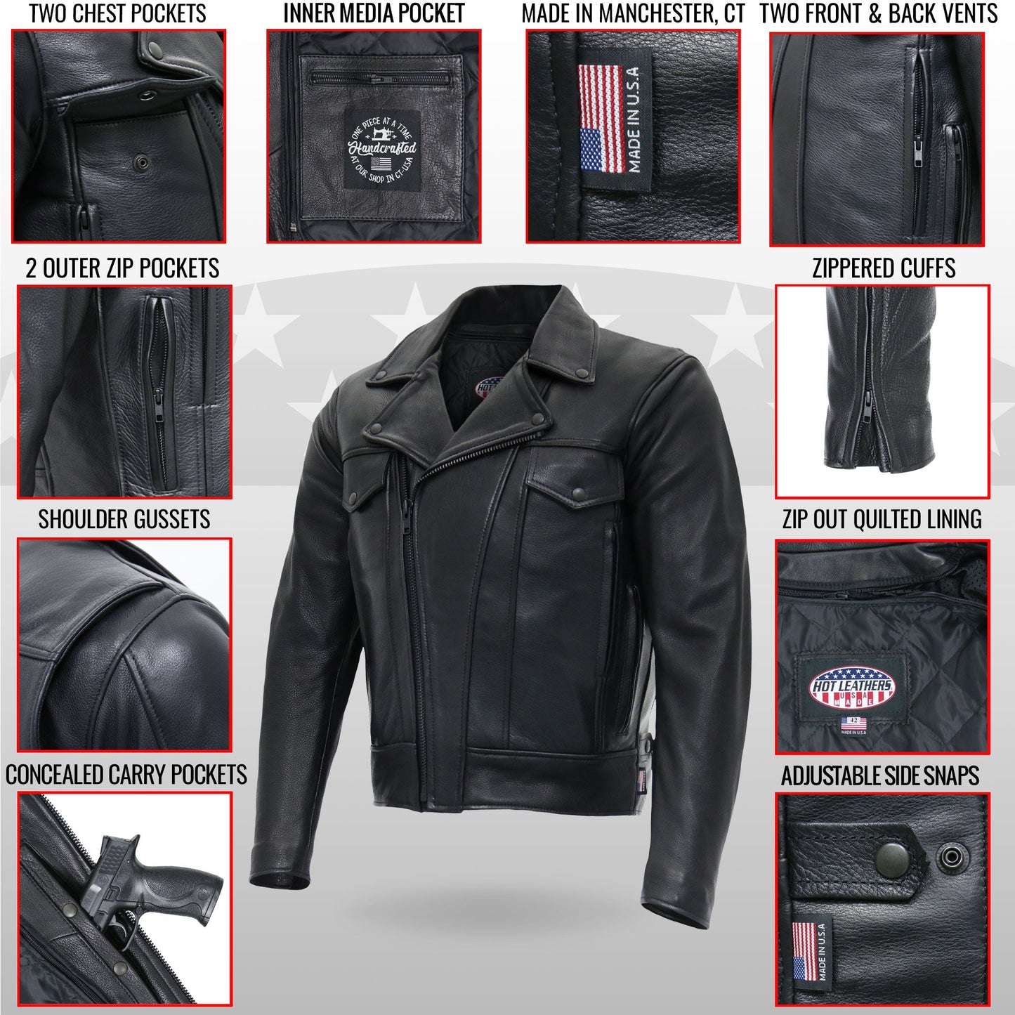 Hot Leathers JKM5008 Men's USA Made Black Premium Leather vented Motorcycle Biker Jacket