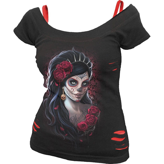 DAY OF THE DEAD - 2in1 Red Ripped Top Black