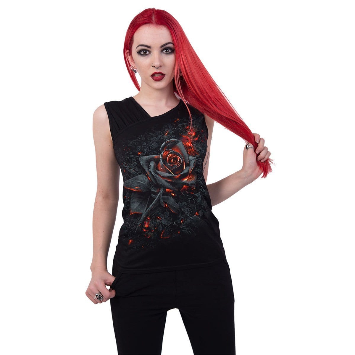 BURNT ROSE - Gathered Shoulder Slant Vest Black