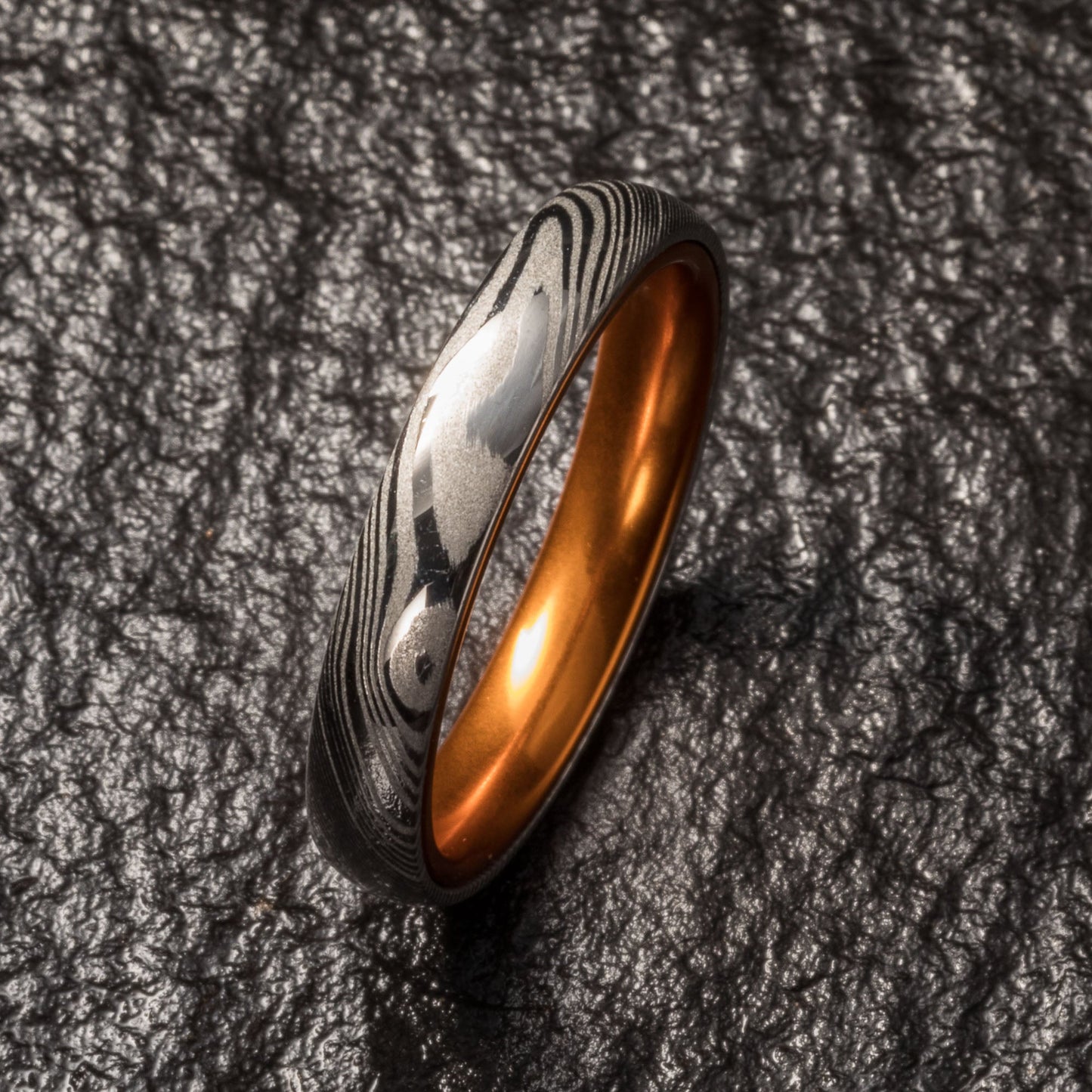 Wood Grain Damascus Steel Ring - Resilient Orange - 4MM