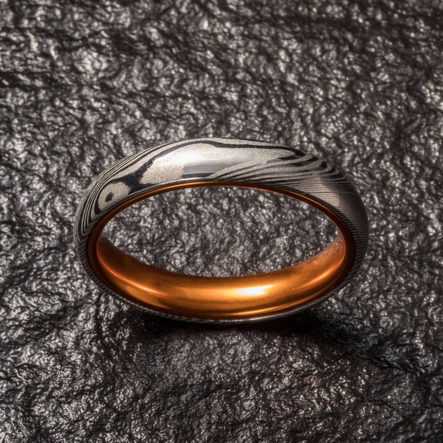 Wood Grain Damascus Steel Ring - Resilient Orange - 4MM