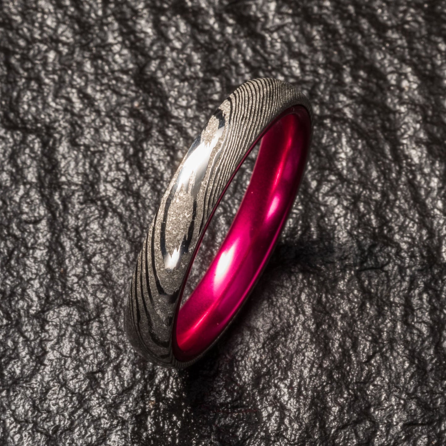 Wood Grain Damascus Steel Ring - Resilient Pink - 4MM