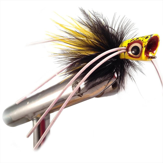 Concave Face Mini Panfish Popper, Size 6 | Black and Yellow | Qty. 4 | Wild Water Fly Fishing