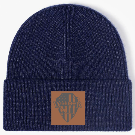 Navy Blue Line Knit Beanie - W12 Dark Brown Patch