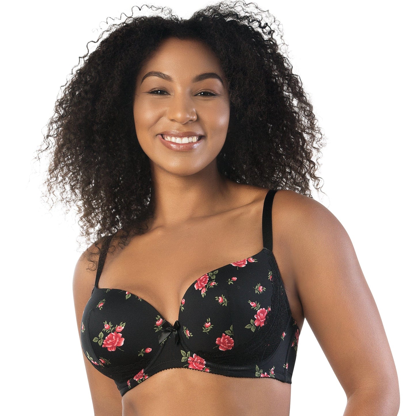 Casey Plunge Molded T-Shirt Bra - Black w/ Rose Print