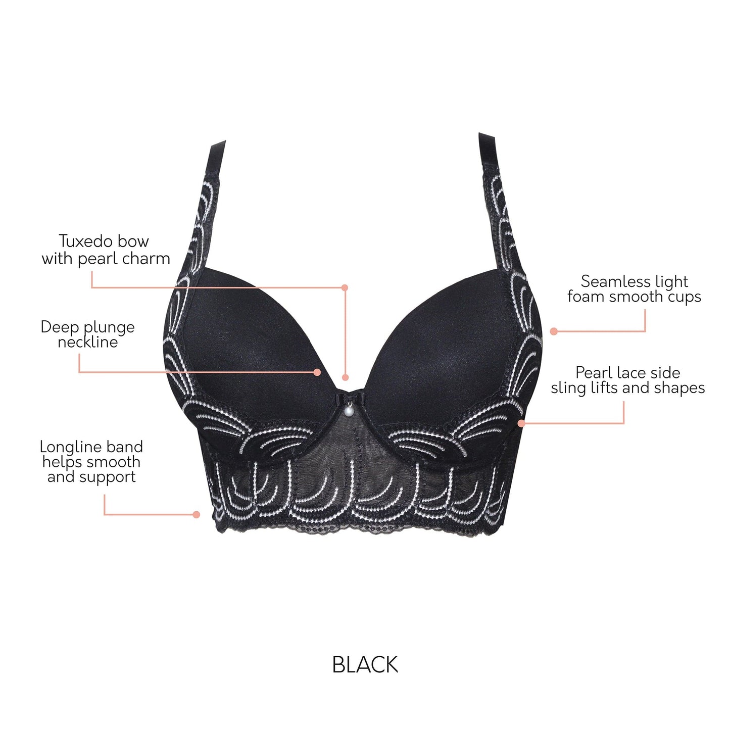 Pearl Longline Plunge Bra  - Black