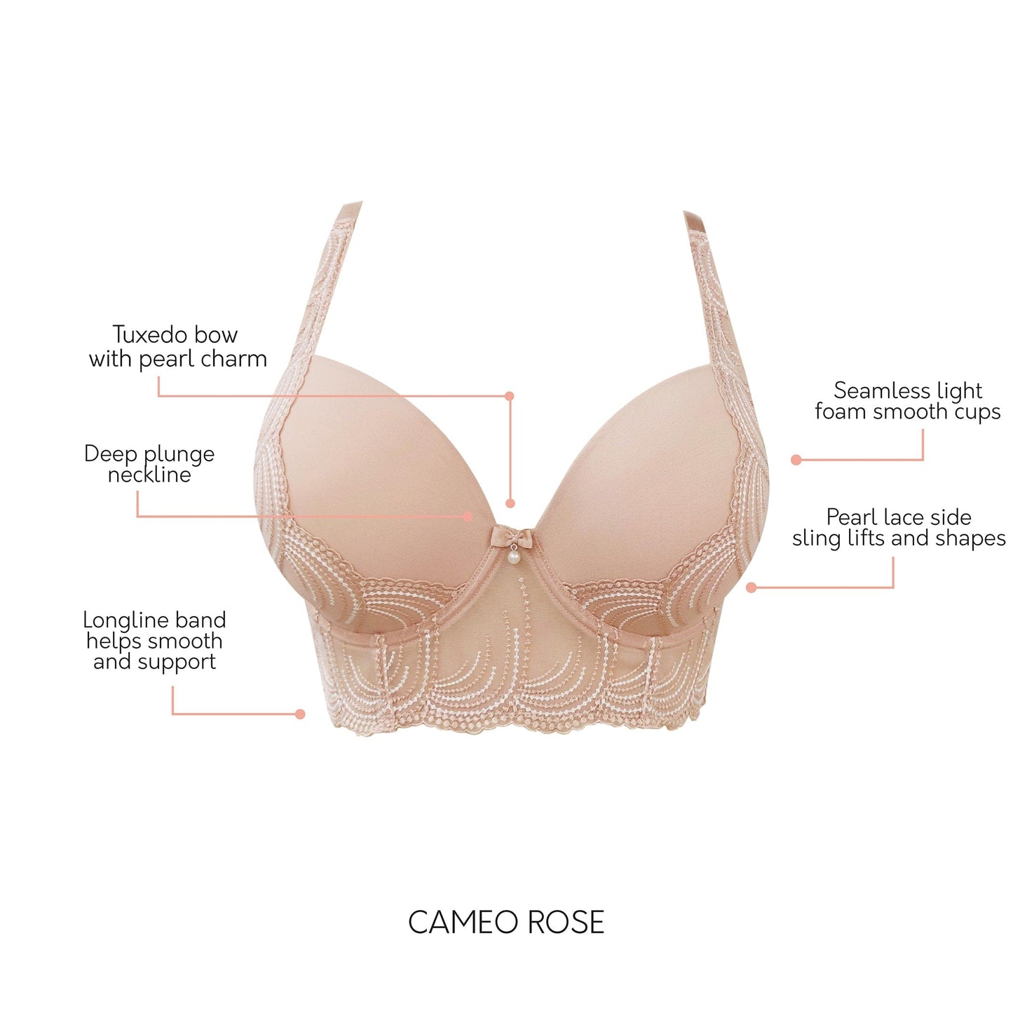 Pearl Longline Plunge Bra  - Cameo Rose