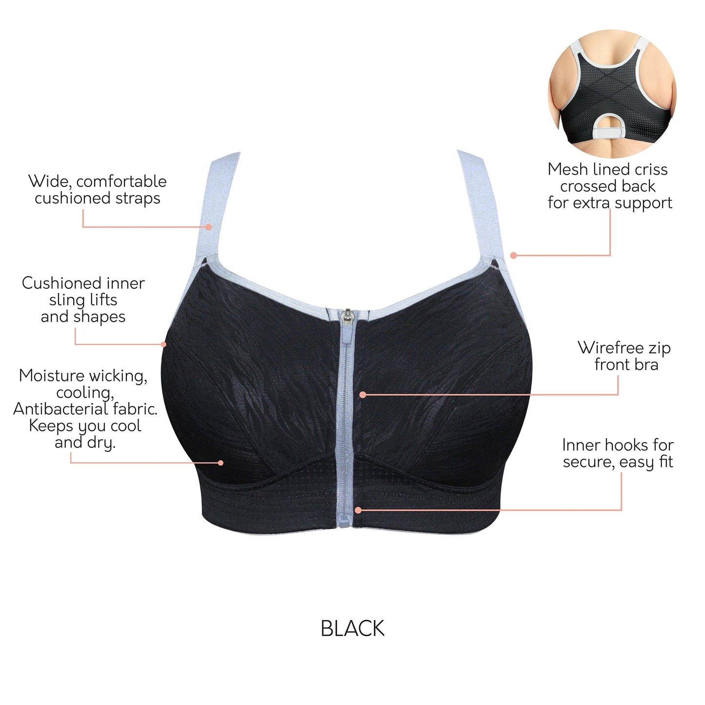 Wave Wire-free Zip Front Sports Bra - Black