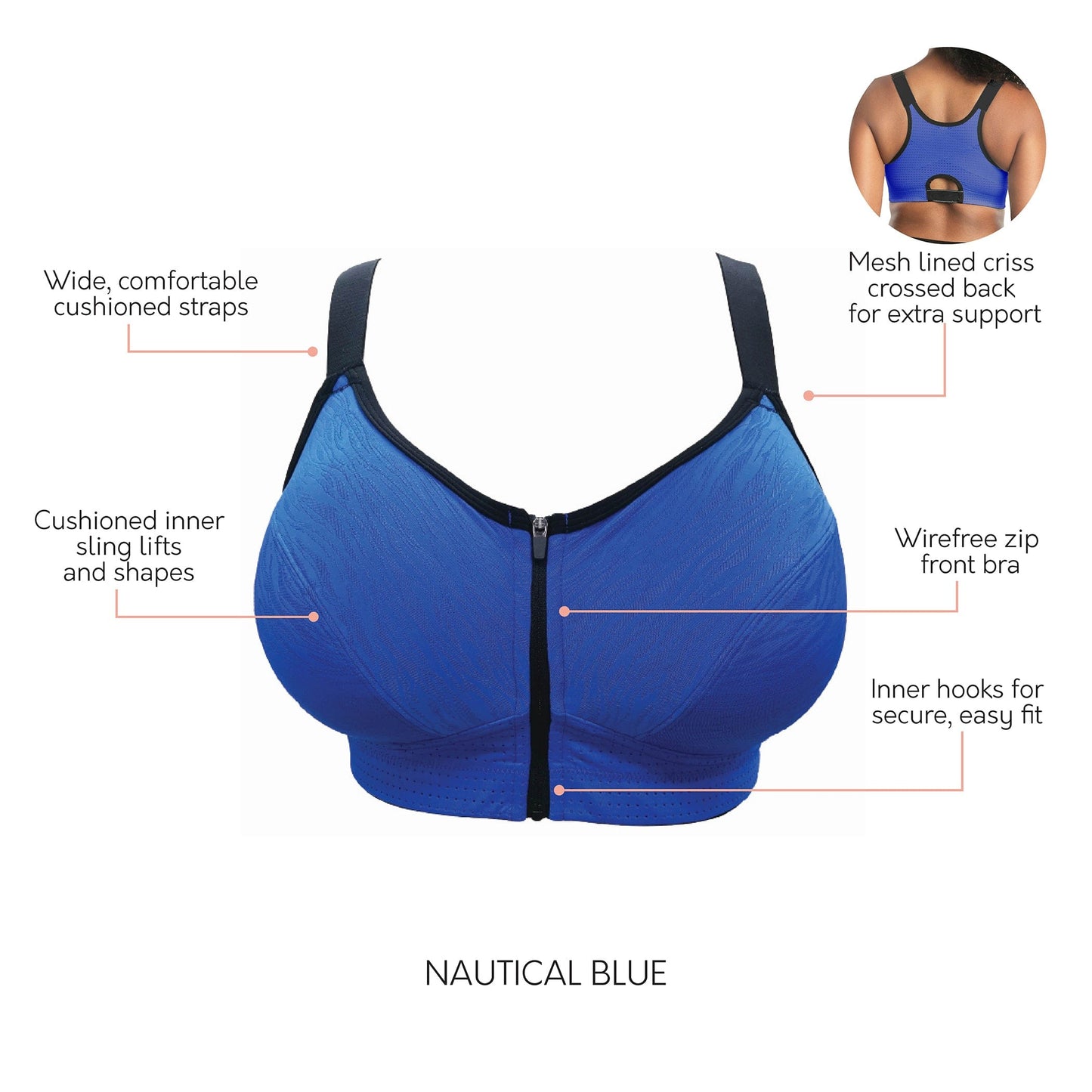 Wave Wire-free Zip Front Sports Bra - Nautical Blue