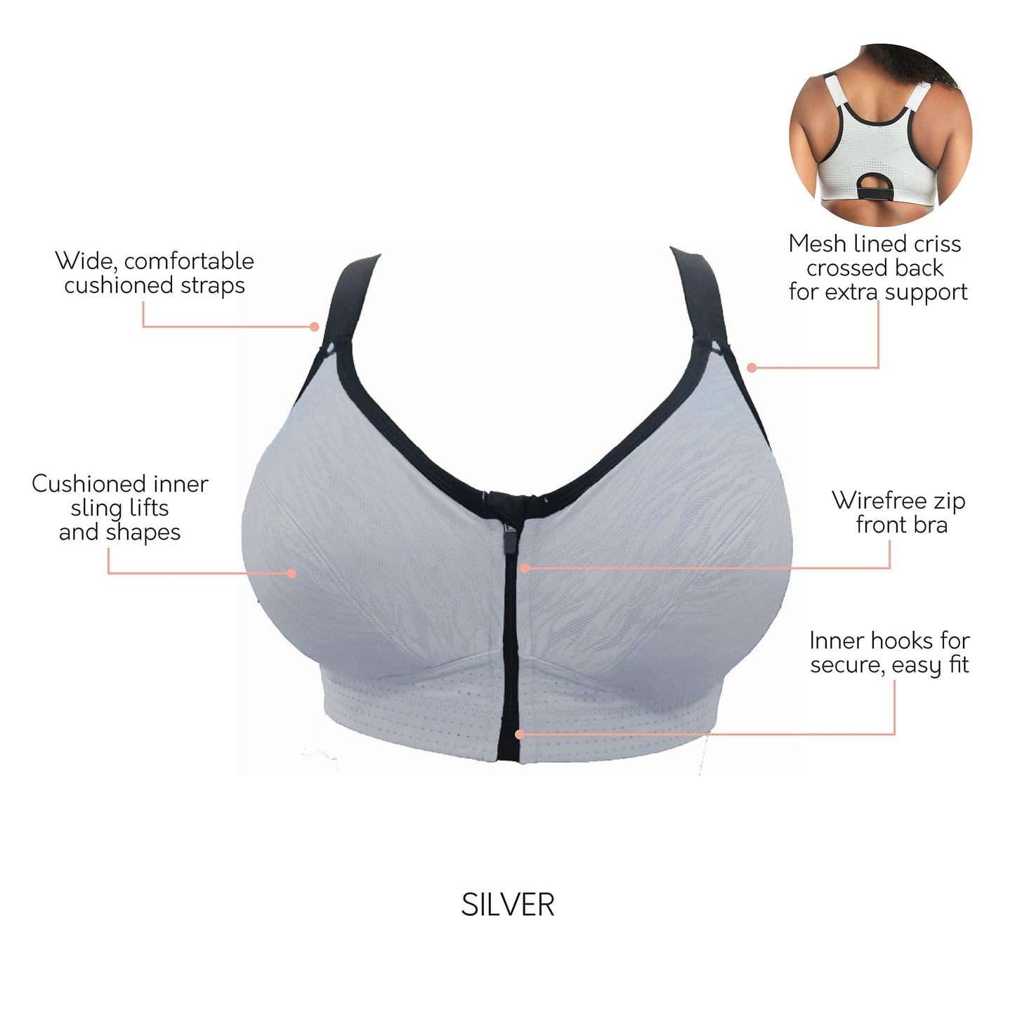 Wave Wire-free Zip Front Sports Bra - Silver