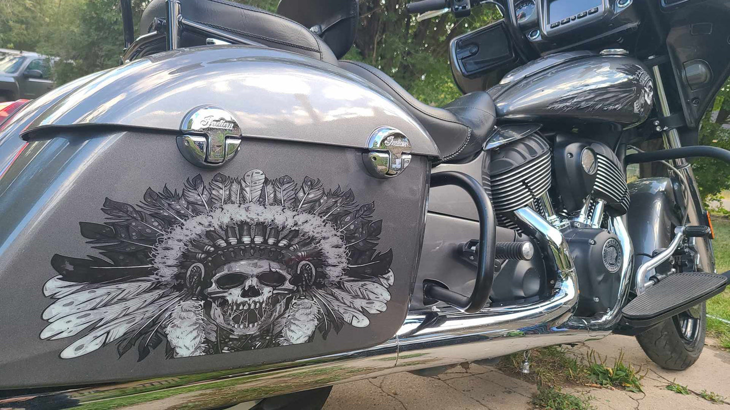 Indian Saddlebag Decals - Skull Warbonnet - B&W