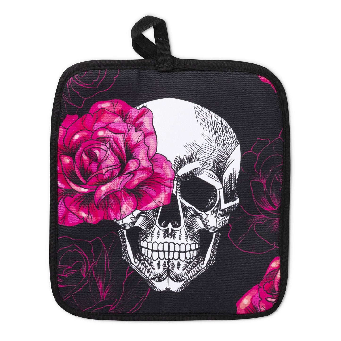 Pink Skull Rose Oven Mitts And Potholder Set