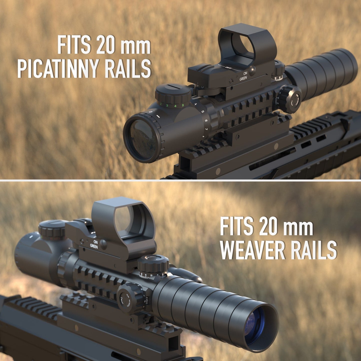 3-in-1 Rifle Scope Combo, 3-9x32 Rangefinder Scope, Red & Green Dot Sight, Green Laser, 14 Slots Riser