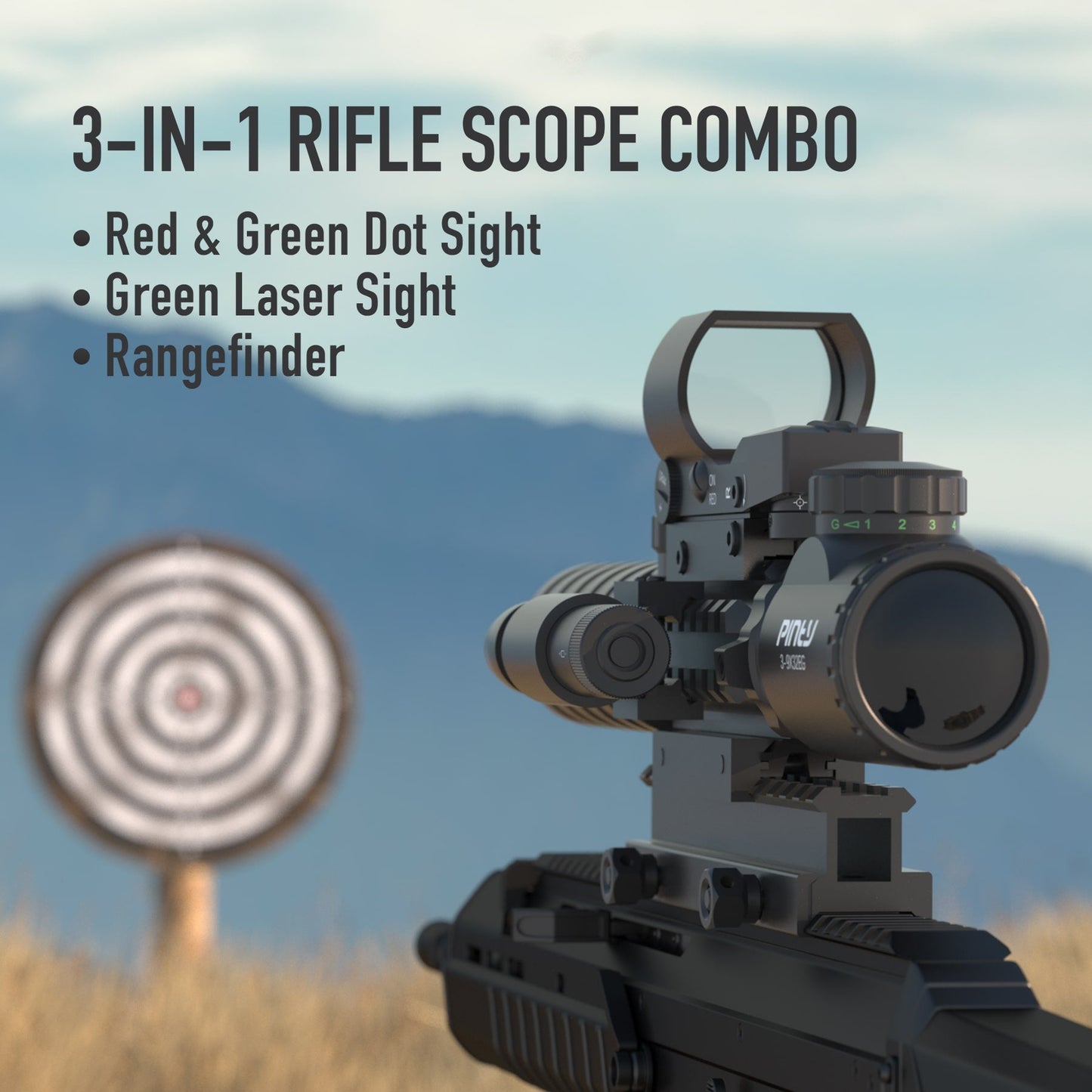 3-in-1 Rifle Scope Combo, 3-9x32 Rangefinder Scope, Red & Green Dot Sight, Green Laser, 14 Slots Riser