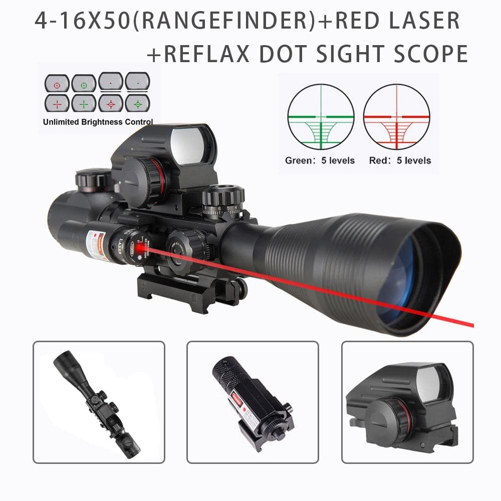 3-in-1 Rifle Scope Combo, 4-12*50mm Rangefinder Scope, Red Laser, Red&Green Dot Sight