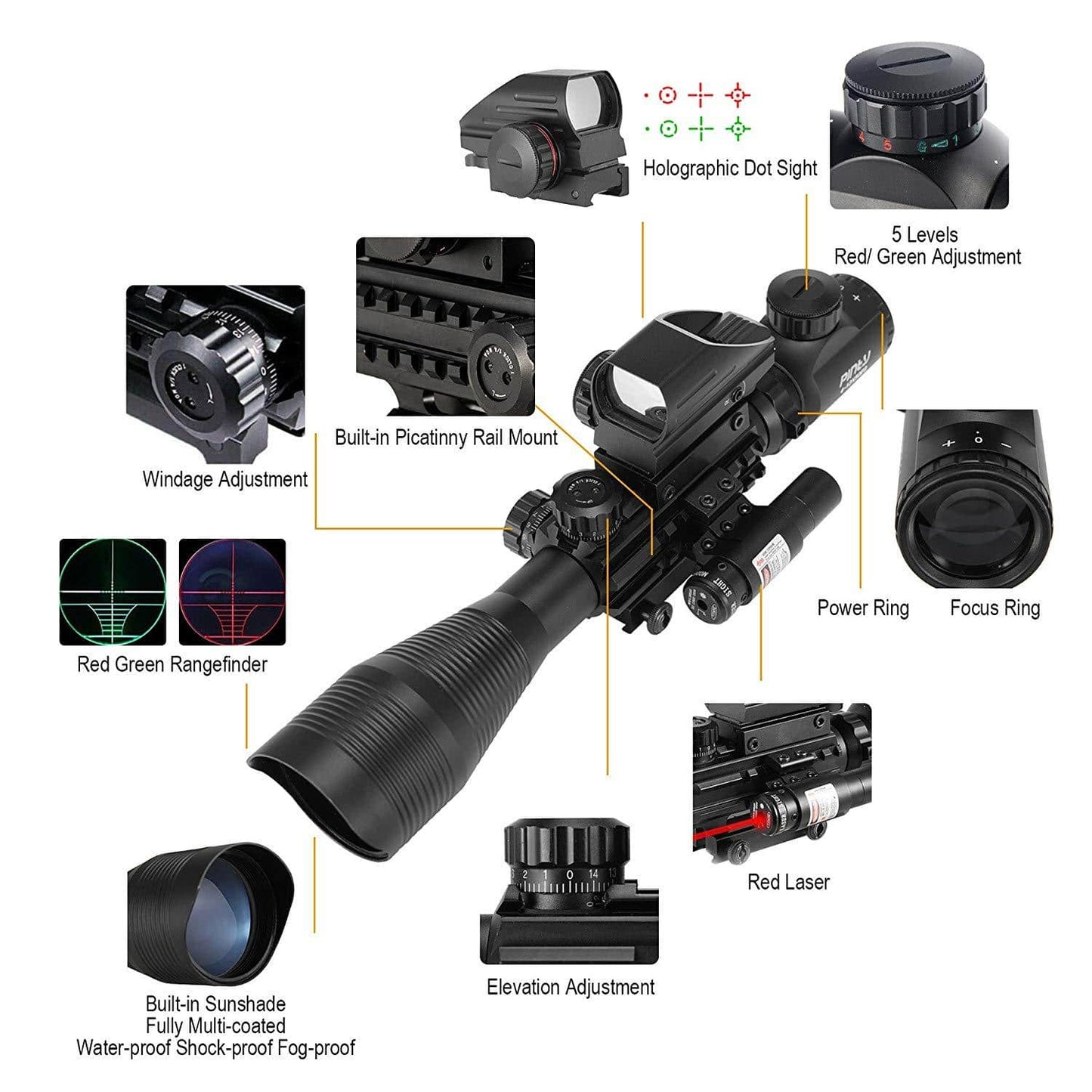 3-in-1 Rifle Scope Combo, 4-12*50mm Rangefinder Scope, Red Laser, Red&Green Dot Sight