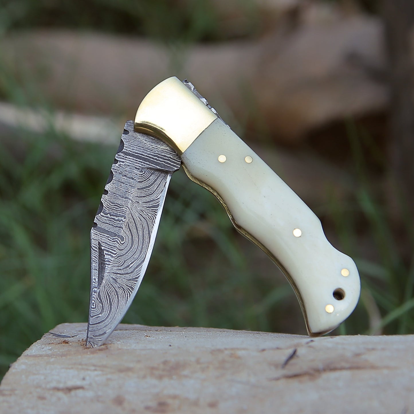 Cosmo Handmade Damascus Pocket Knife with Bone Handle