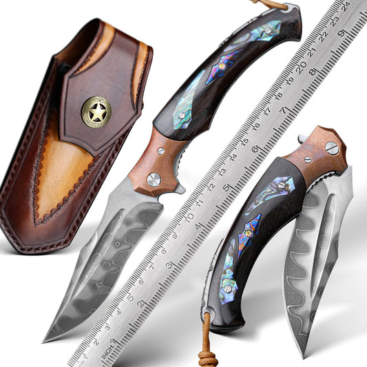 Quest Damascus Pocket Knife with Ebony Wood, Timascus & Abalone Shell Handle