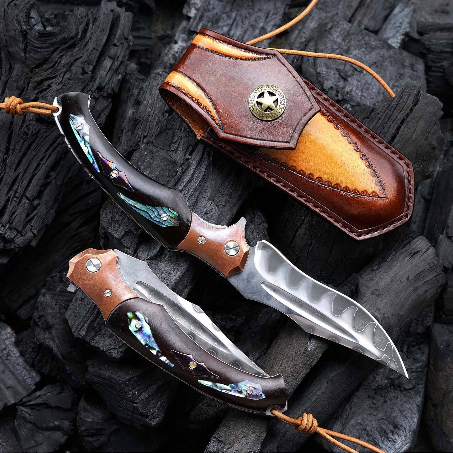 Quest Damascus Pocket Knife with Ebony Wood, Timascus & Abalone Shell Handle