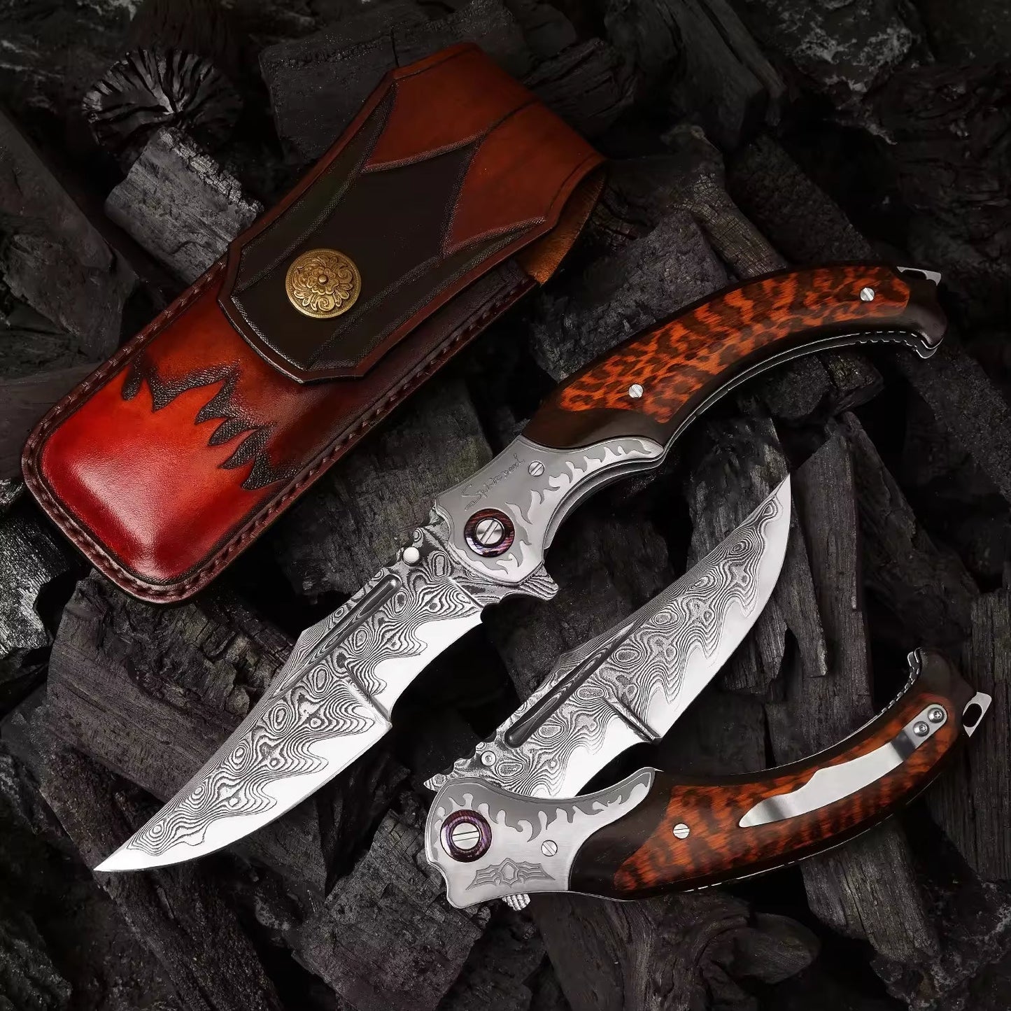 Dragon Japanese VG10 Damascus Pocket Knife with Exotic Snake Wood Handle