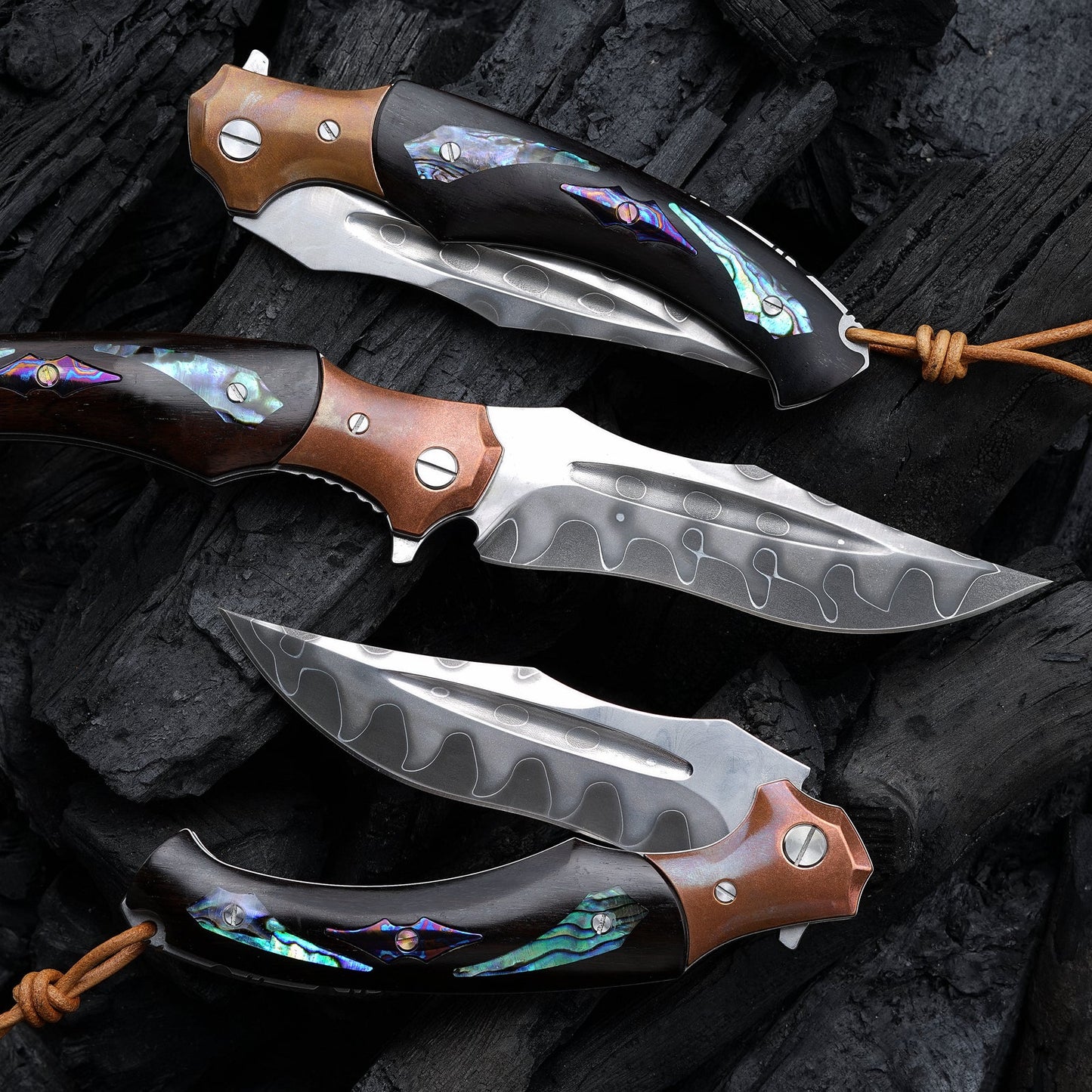 Quest Damascus Pocket Knife with Ebony Wood, Timascus & Abalone Shell Handle