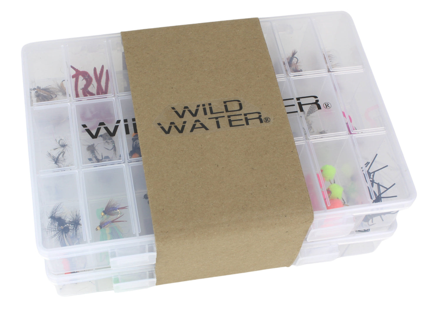 Premium Fly Assortment, 123 Flies | 2 Clear Fly Boxes | Wild Water Fly Fishing