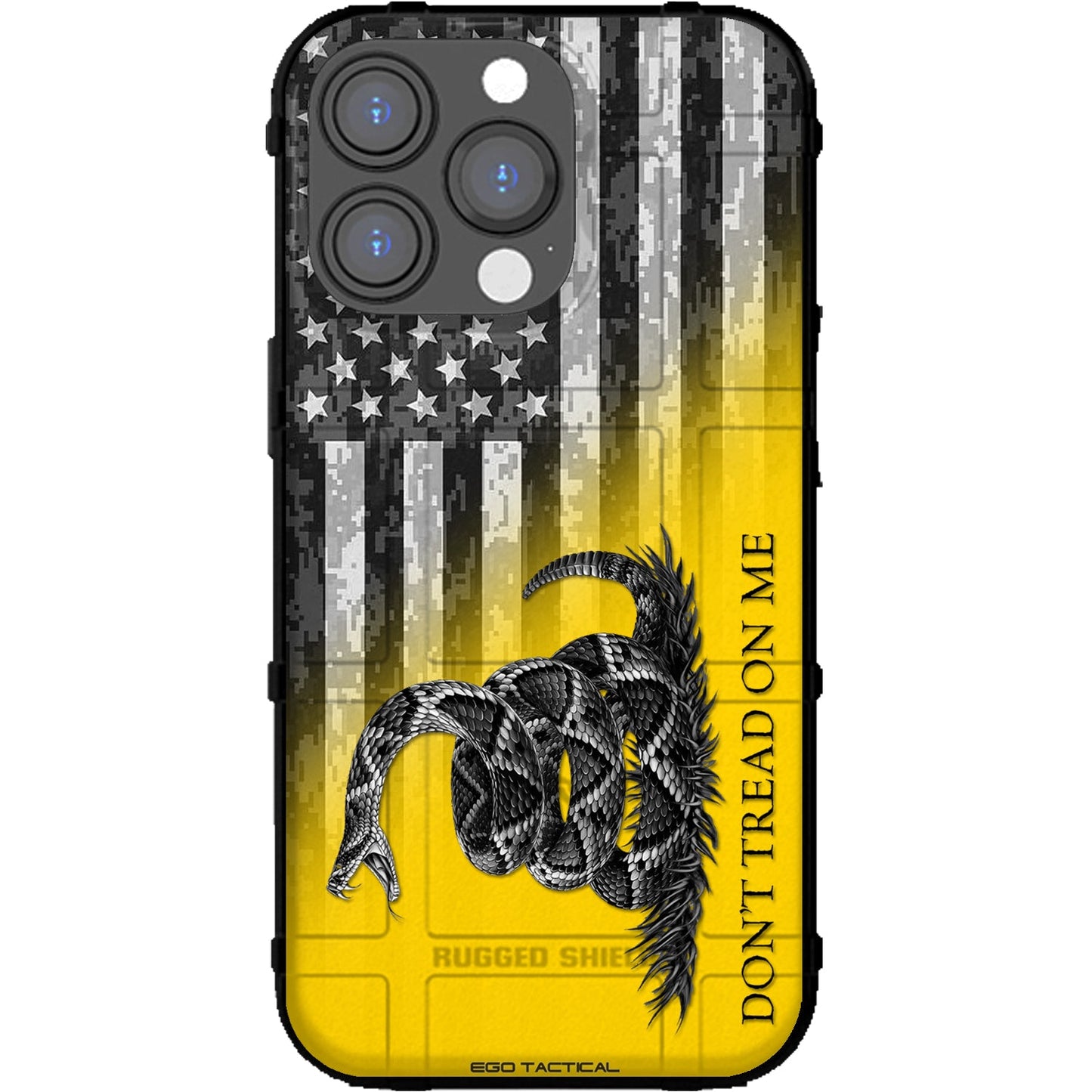 Subdued Don't Tread on Me Flag on US Camo Flag Custom Printed Samsung Galaxy & Apple iPhone Case Design by EGO Tactical