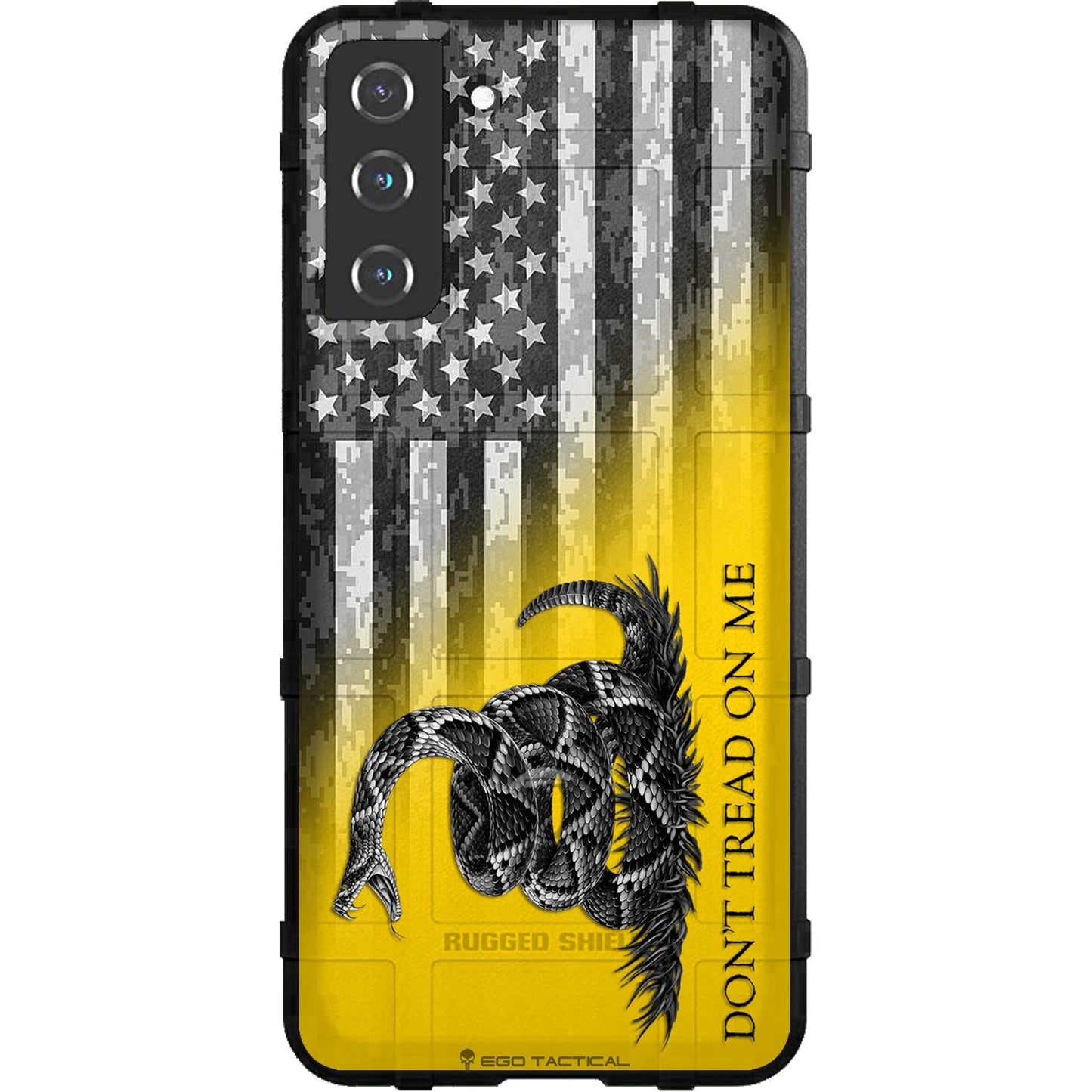 Subdued Don't Tread on Me Flag on US Camo Flag Custom Printed Samsung Galaxy & Apple iPhone Case Design by EGO Tactical