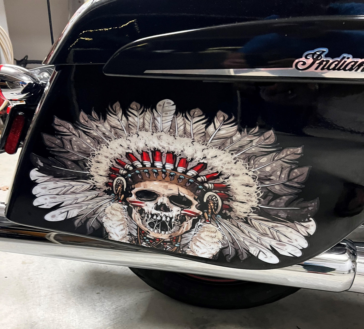 Indian Saddlebag Decals - Skull Warbonnet - Color