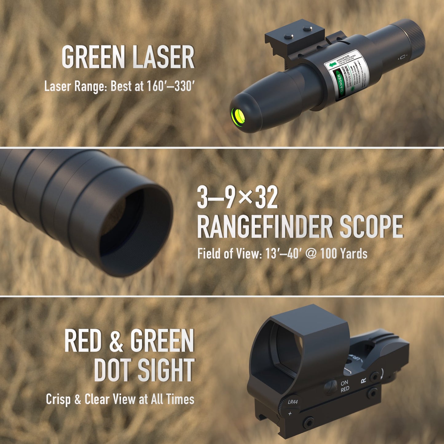 3-in-1 Rifle Scope Combo, 3-9x32 Rangefinder Scope, Red & Green Dot Sight, Green Laser, 14 Slots Riser