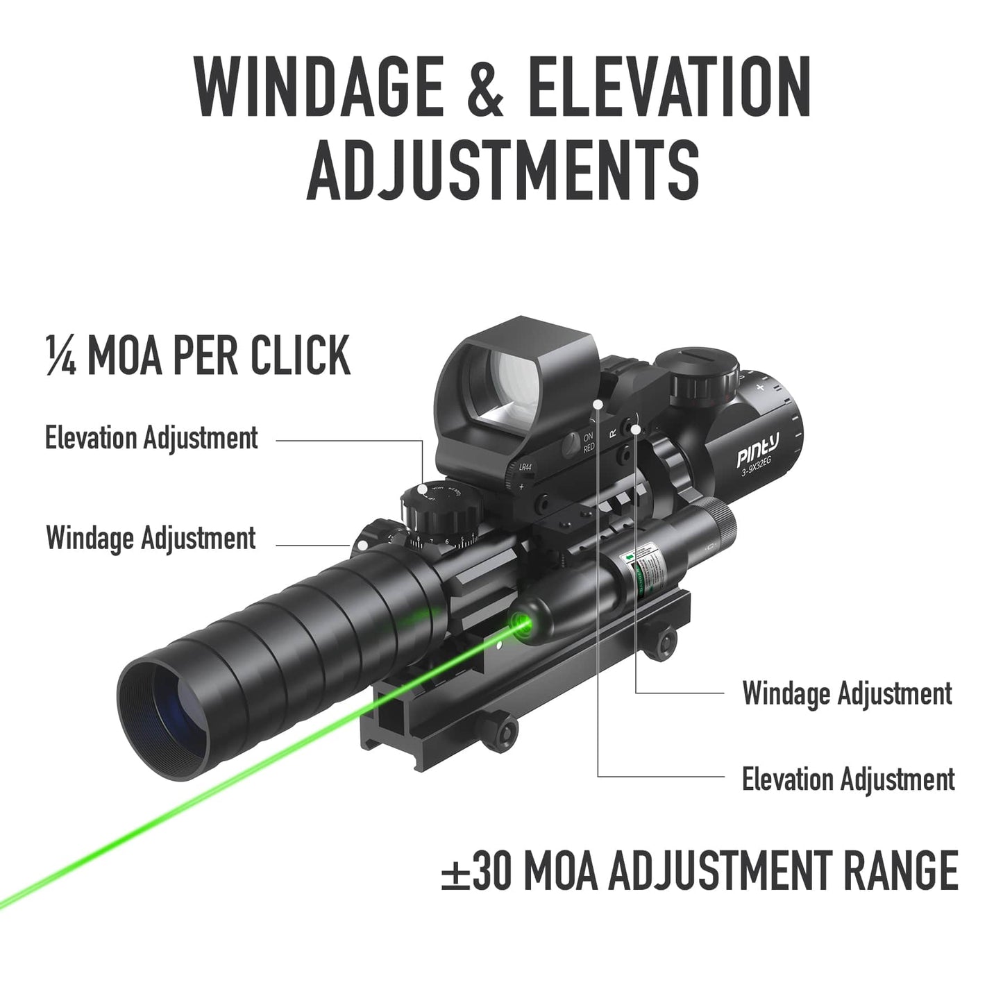 3-in-1 Rifle Scope Combo, 3-9x32 Rangefinder Scope, Red & Green Dot Sight, Green Laser, 14 Slots Riser