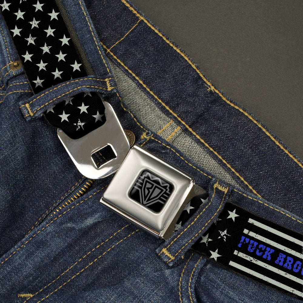 BD Wings Logo CLOSE-UP Black/Silver Seatbelt Belt - FAFO FUCK AROUND AND FIND OUT Thin Blue Line Flag Webbing