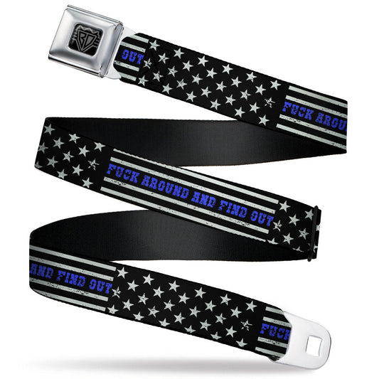 BD Wings Logo CLOSE-UP Black/Silver Seatbelt Belt - FAFO FUCK AROUND AND FIND OUT Thin Blue Line Flag Webbing