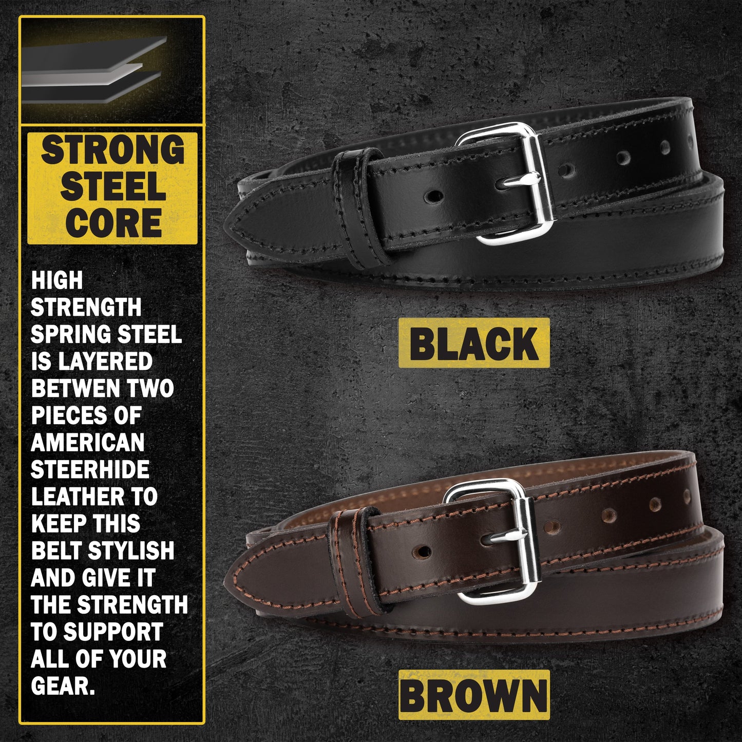 The Ultimate Steel Core Leather Gun Belt | Made in USA | 1 1/4" Steel Reinforced Heavy Duty Concealed Carry Belt | Full Grain Leather CCW Gun Belt For Men | 1.25 inch Gun Belts for Men