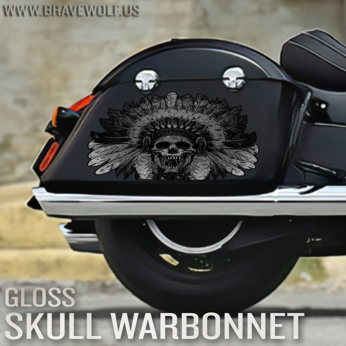 Indian Saddlebag Decals - Skull Warbonnet - B&W