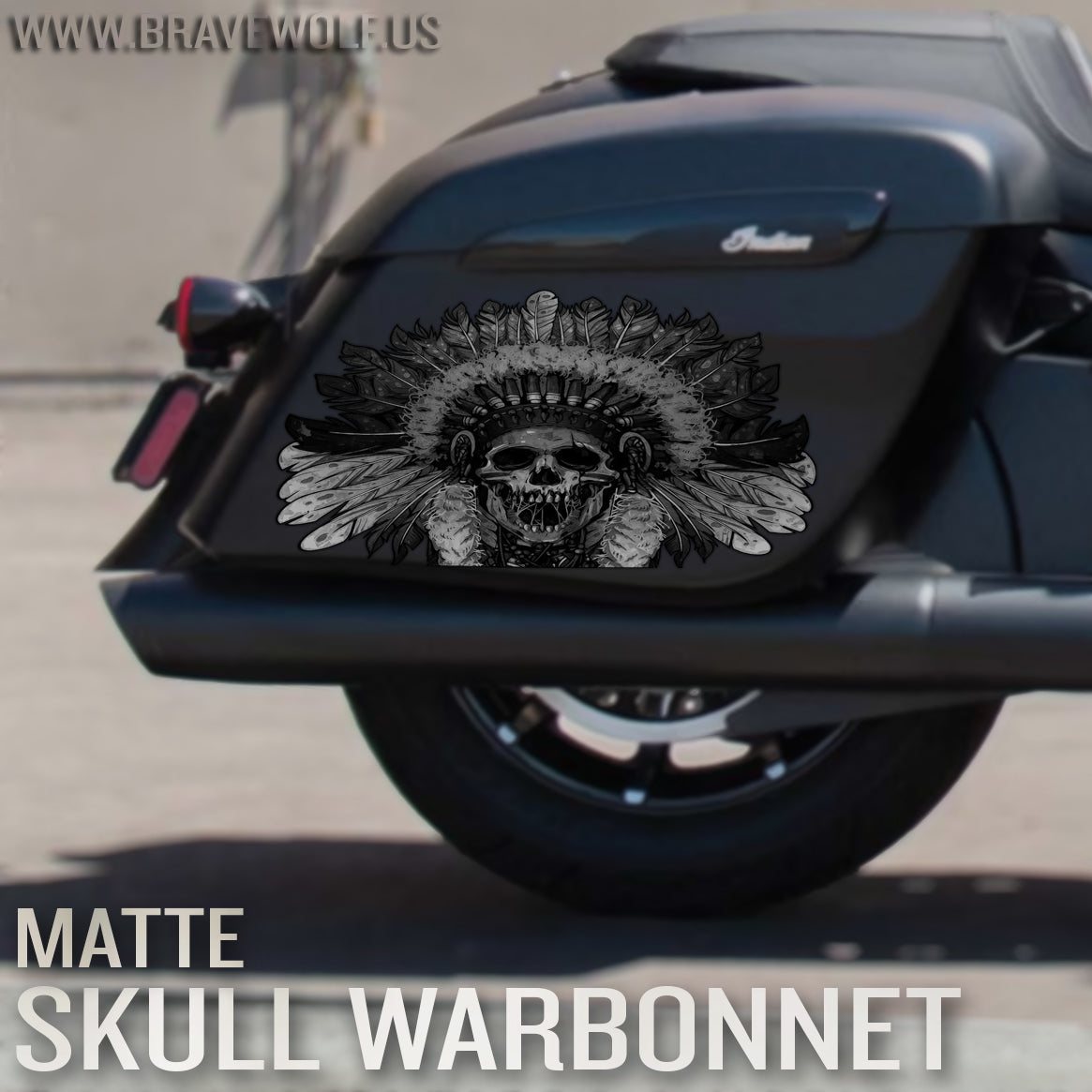 Indian Saddlebag Decals - Skull Warbonnet - B&W