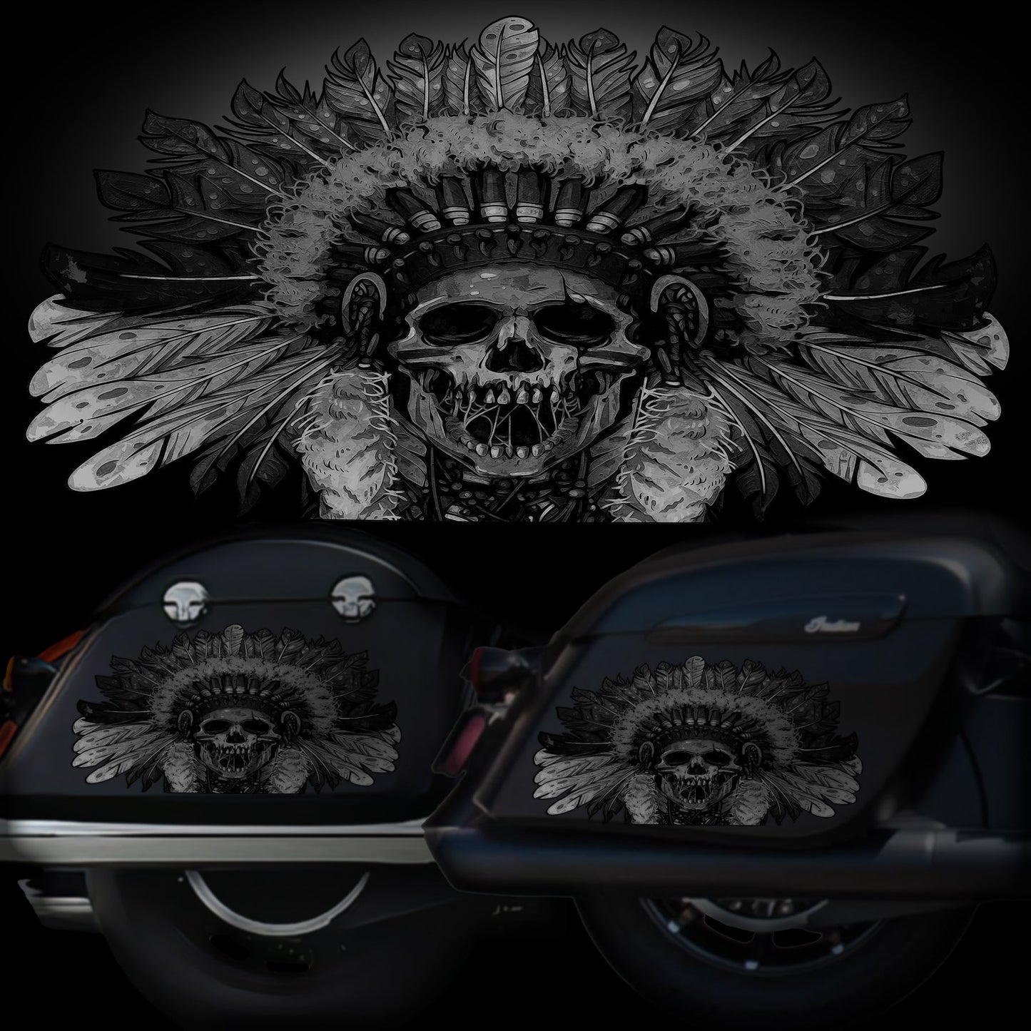 Indian Saddlebag Decals - Skull Warbonnet - B&W