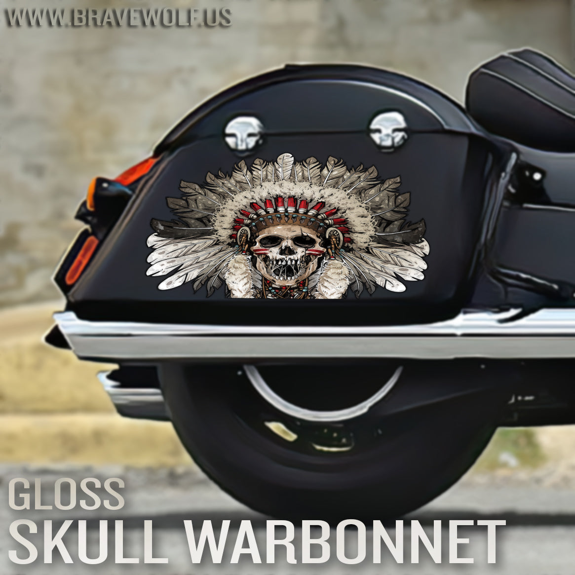 Indian Saddlebag Decals - Skull Warbonnet - Color