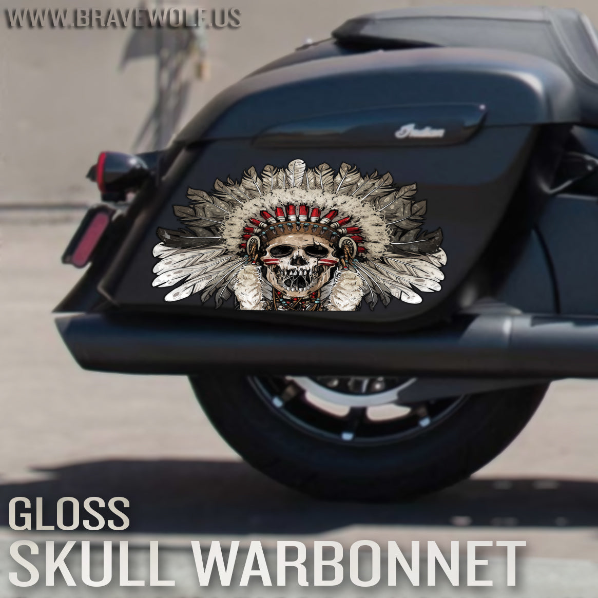 Indian Saddlebag Decals - Skull Warbonnet - Color