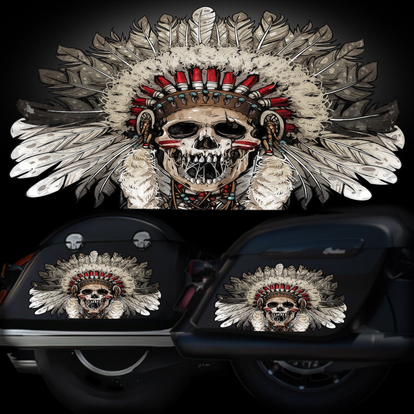 Indian Saddlebag Decals - Skull Warbonnet - Color