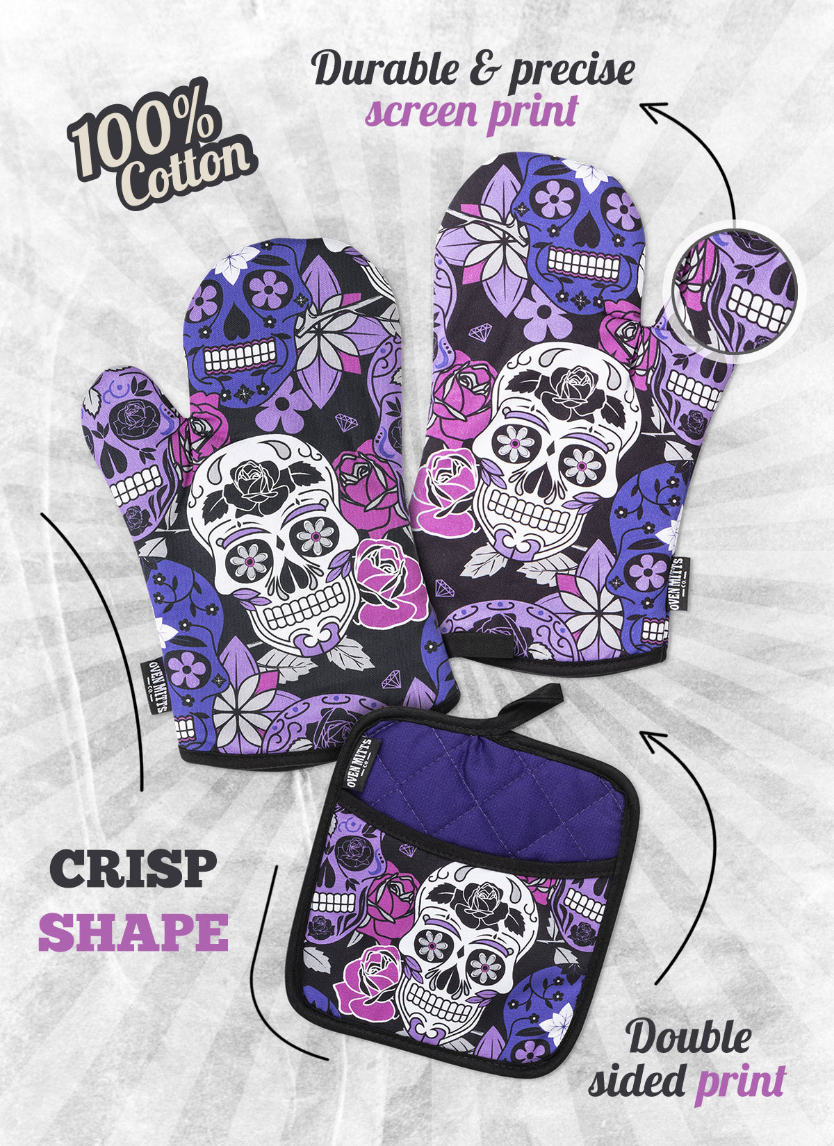 Sugar Skull Purple Oven Mitts And Potholder Set