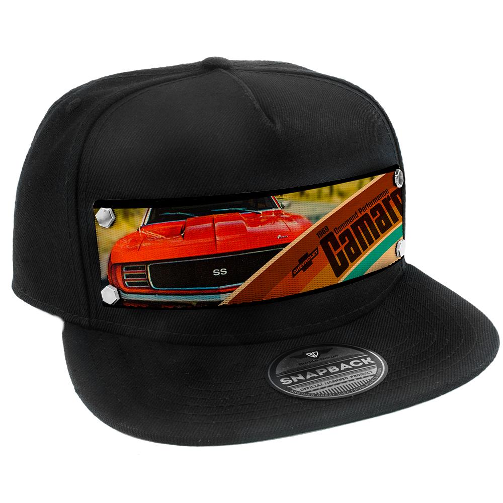 Embellishment Trucker Hat BLACK - Full Color Strap - 1969 CHEVROLET CAMARO COMMAND PERFORMANCE Grill View