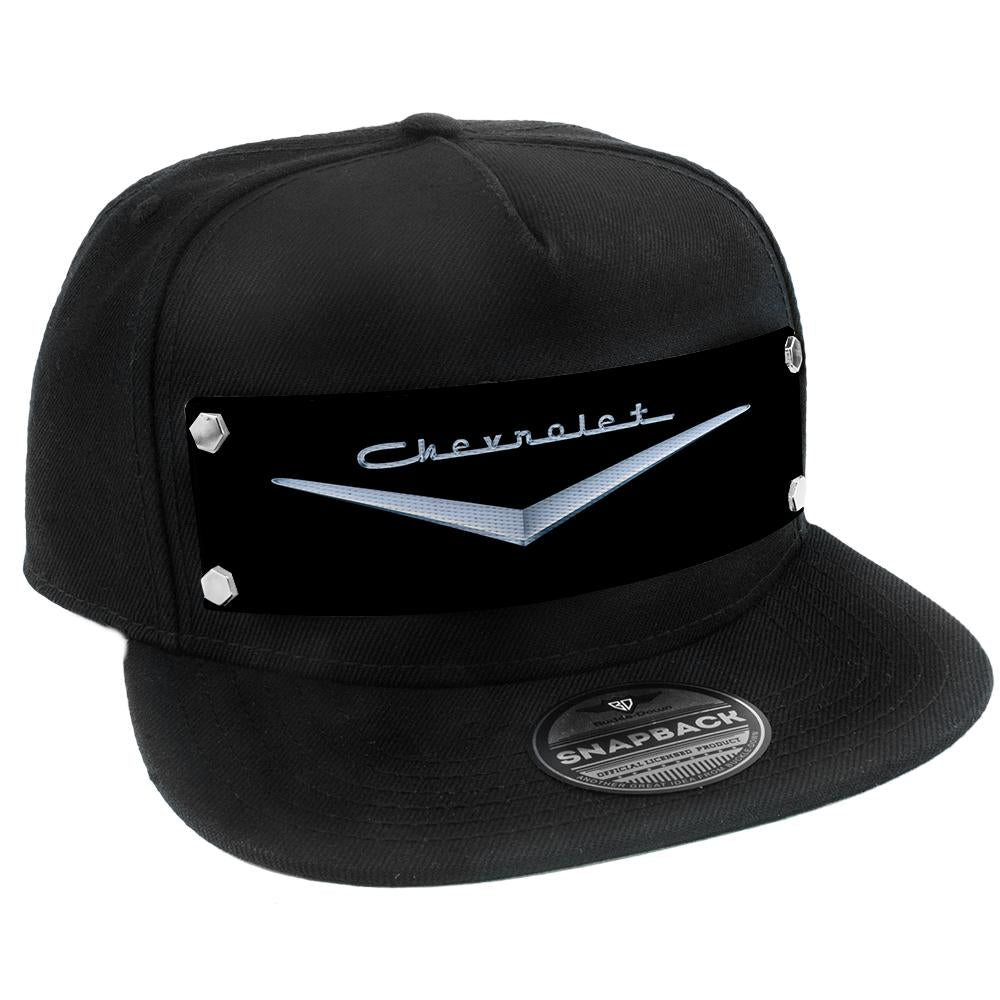 Embellishment Trucker Hat BLACK - Full Color Strap - 1955-57 CHEVROLET V Emblem Black/Silver