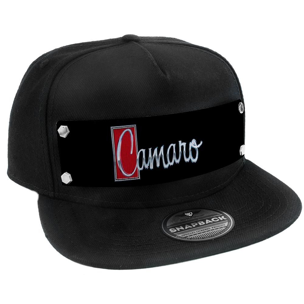 Embellishment Trucker Hat BLACK - Full Color Strap - 1972 CAMARO Script Emblem Black/Silver/Reds