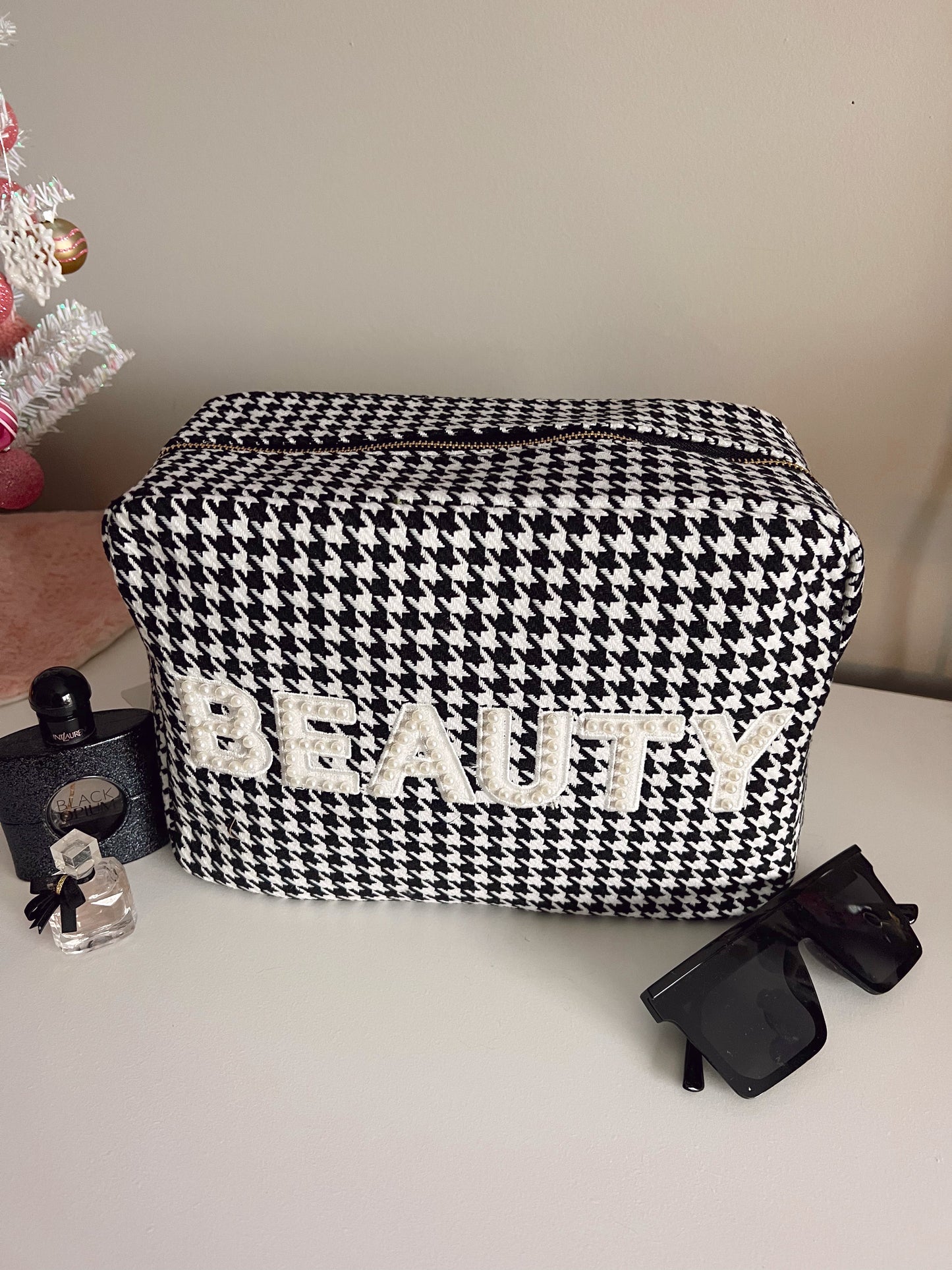 Houndstooth Beauty XL Makeup Bag - Black