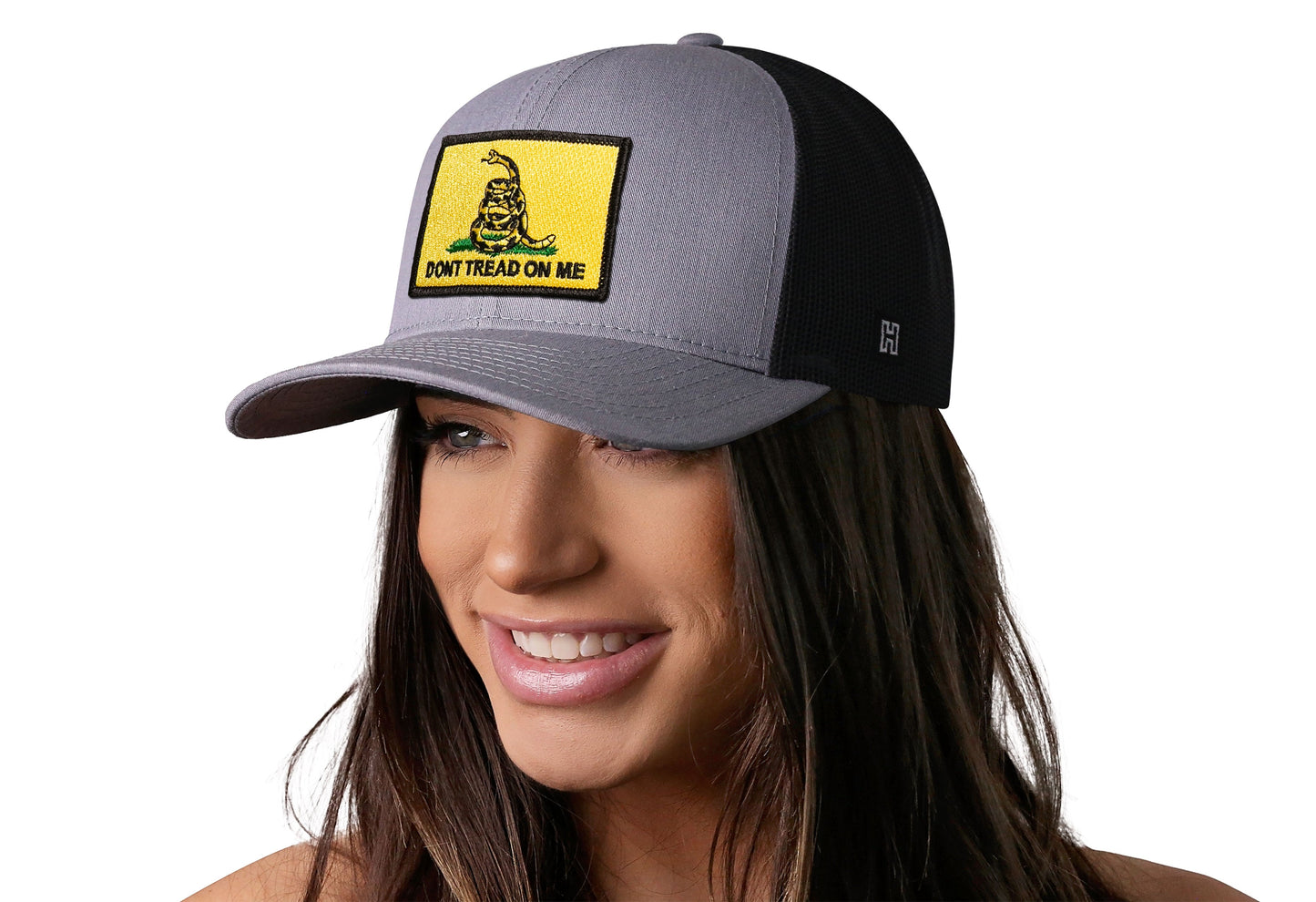 Dont Tread on Me Trucker Hat  |  Gray Black Gadsden Flag Snapback