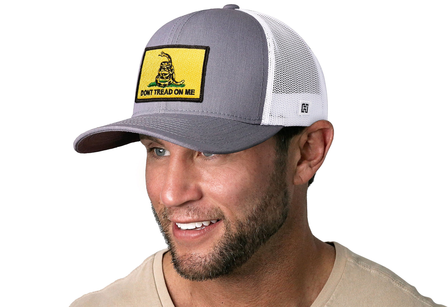 Dont Tread on Me Trucker Hat  |  Gray White Gadsden Flag Snapback